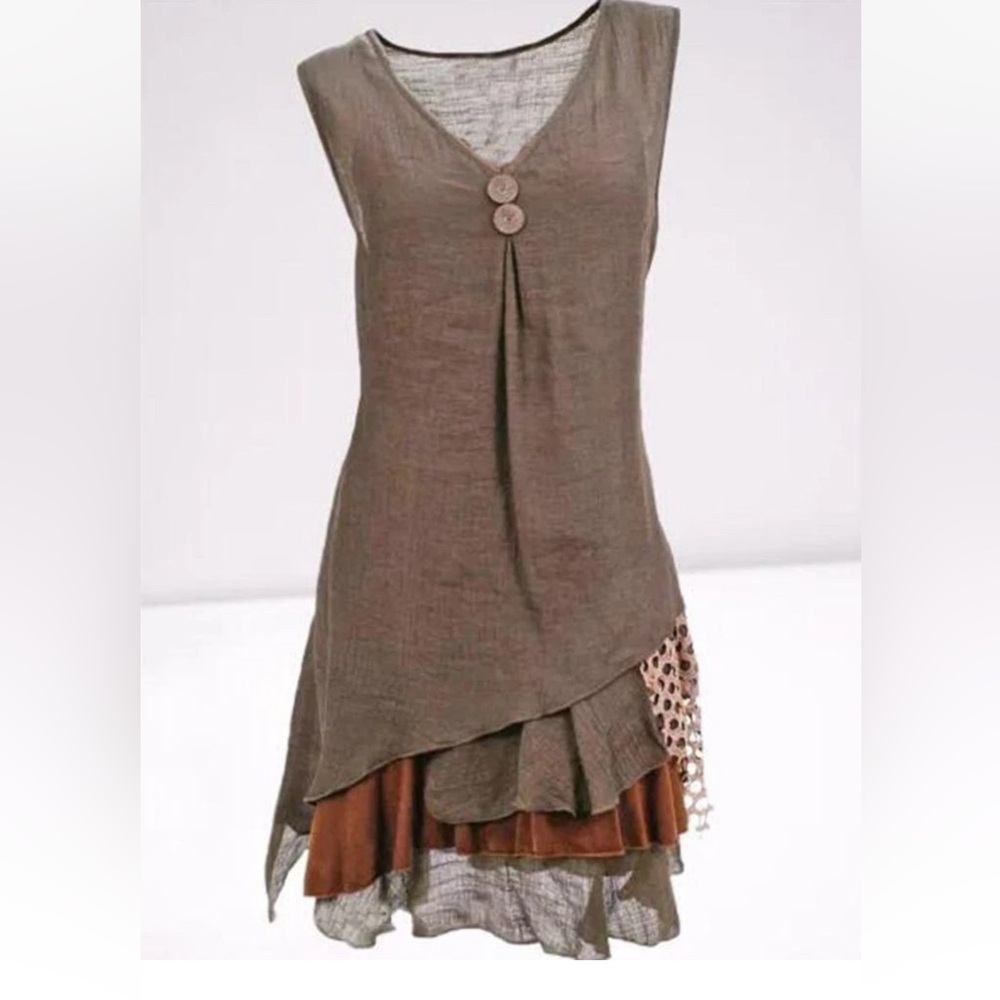 MISSLOOK Brown Ruffled Tiered Sundress Sleeveless V-neck